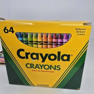 Vintage Box 64 Crayola Crayons 1990 Built-in Sharpener Retired Colors USA RARE